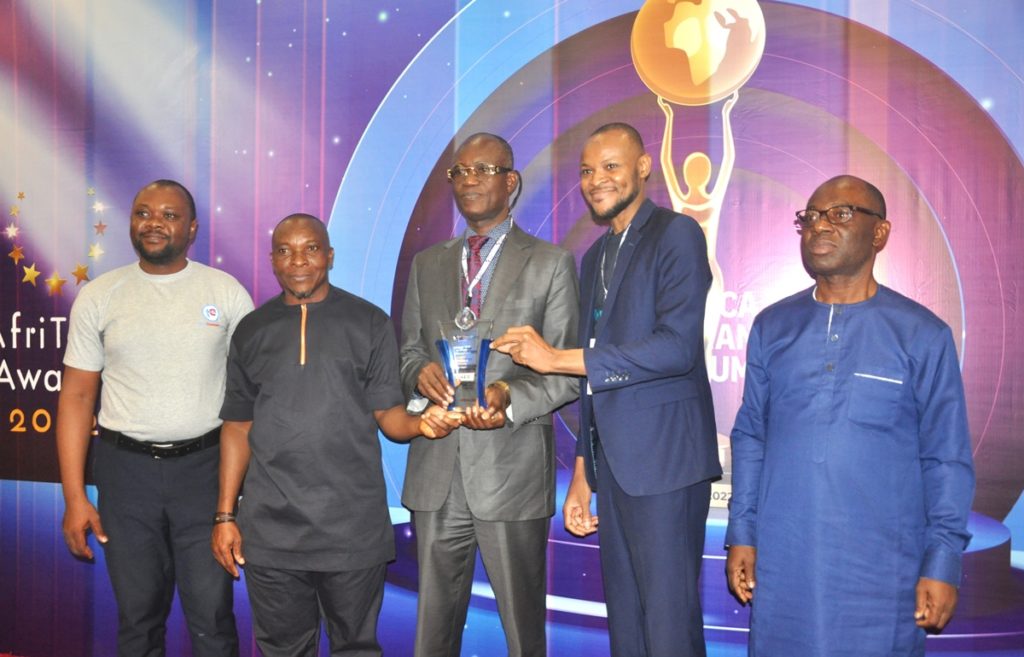 L-R: Peter Oluka and Chike Onwuegbuchi, both Co-Conveners, Africa Tech Alliance Forum (AfriTech); Dr. Austine Nwaulune, Director, Digital Economy, Nigerian Communications Commission (NCC) receiving 5G Core Leadership Award on behalf of Prof. Umar Danbatta, EVC of NCC; Senator Ihenyen, President, Stakeholders in Blockchain Association of Nigeria (SiBAN) and Mr. Kelechi Nwankwo, Head, Corporate Planning, Strategy and Risk Management, NCC, during the presentation of awards to the Commission at the 2022 AfriTech forum held in Lagos recently.