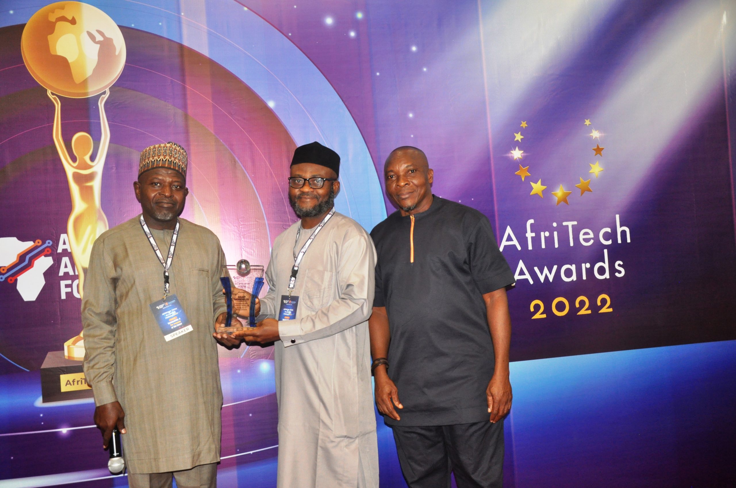 L-r: Prof. Abdu-Ja’afaru Bambale, Executive Director, Technical Services, NIGCOMSAT representing the Minister of Communications and Digital Economy, Prof. Isa Pantami during the presentation of Data Centre Company of the Year Award to Galaxy backbone received by Dauda Oyeleye, Regional Manager, Lagos & South West (GBB) with Chike Onwuegbuchi, Co-Founder, TechCastle Foundation observing.