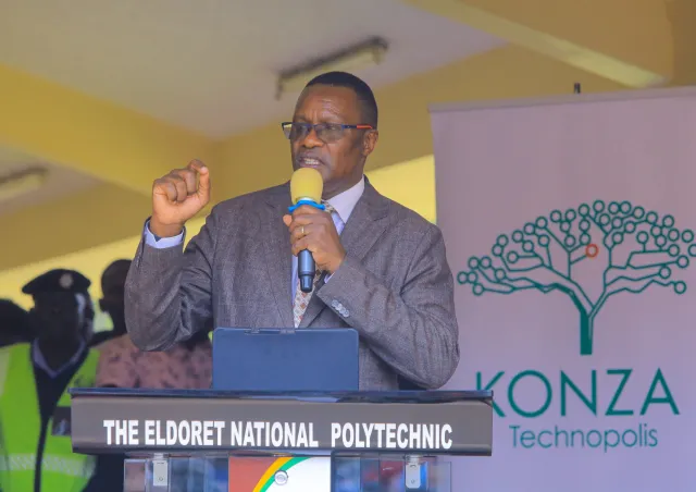 ICT Digital Economy CS Eliud Owalo during the launch of Jitume Digital Skills Lab in Eldoret National Polytechnic