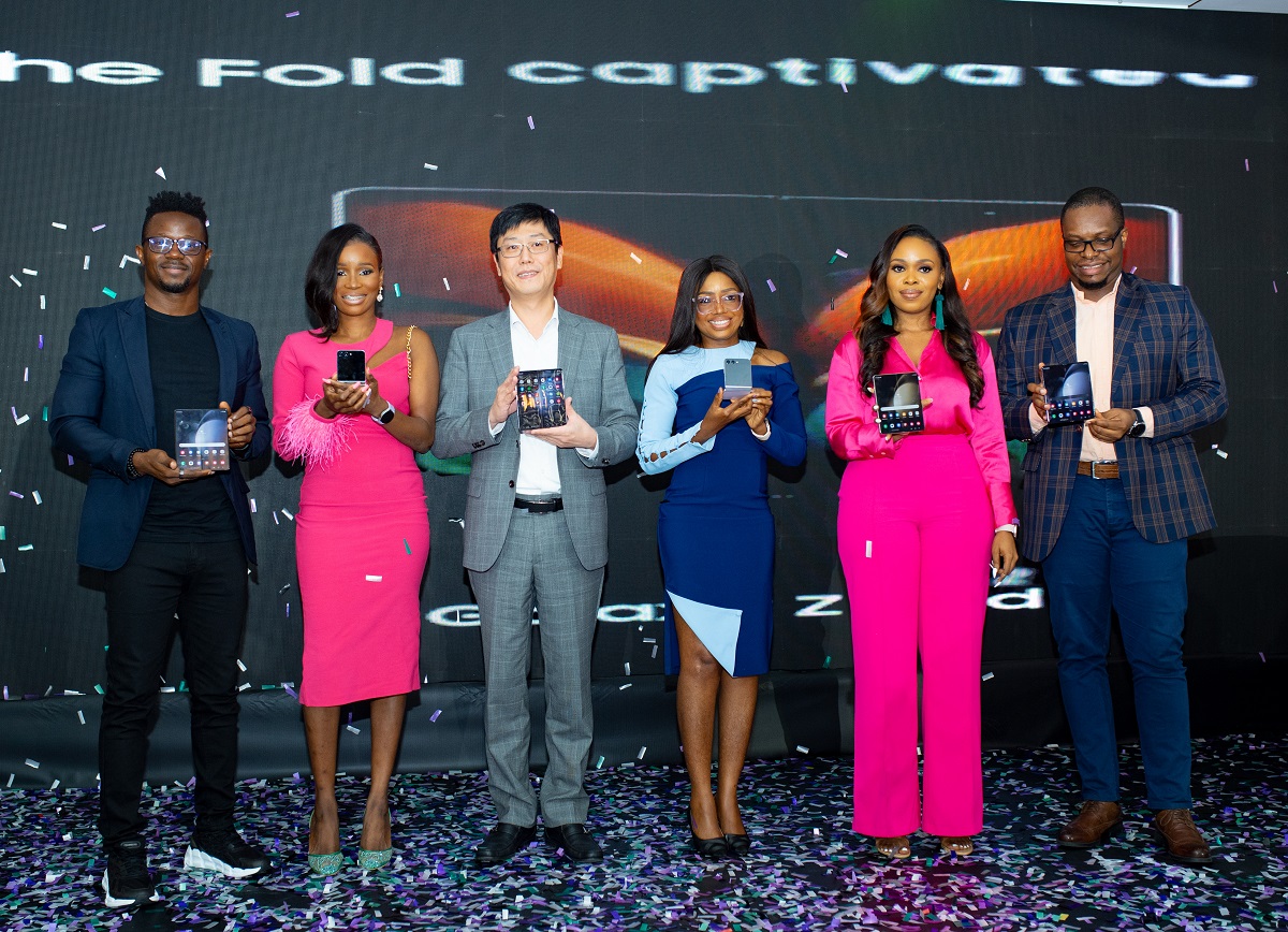 L-r: Solomon Osibeluwo, Master Trainer, Mobile Experience Division; Oyetola Akeredolu, Marketing Operations Manager; Charlie Lee, Managing Director; Joy Tim-Ayoola, HOD - MX Division; Chika Nnadozie, Head of Marketing, and Stephen Okwara, Product Manager, MX Division, all of Samsung Nigeria, during the Galaxy Z Flip5, Galaxy Z Fold5 in Nigeria, Wednesday, July 27 2023 at Eko Hotel and Suites.