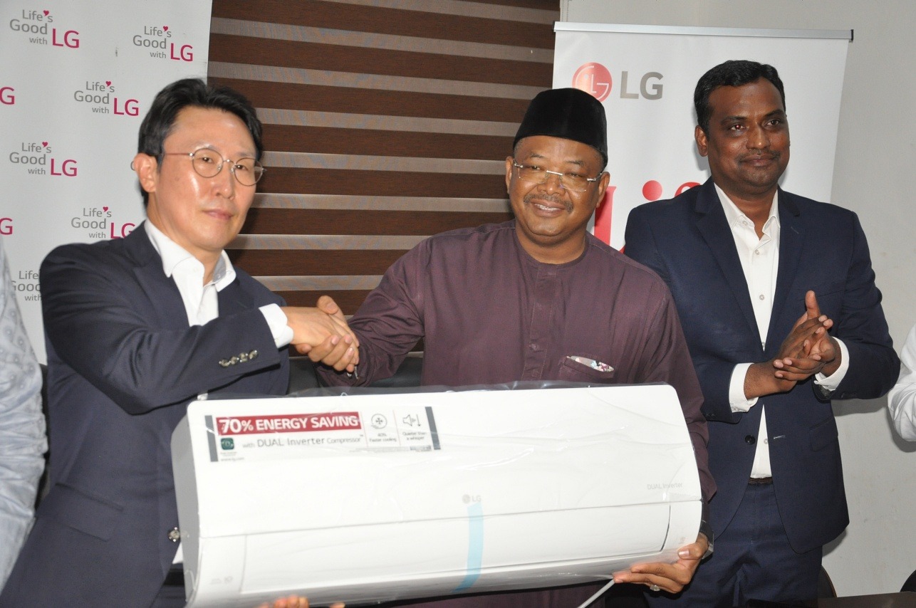 L-R: Managing Director, LG Electronics West Africa Operations, Mr. Youn Kim, Medical Director, Federal Medical Center, Abuja, Prof. Saad Ahmed and Head, Corporate Marketing, LG Electronics West Africa Operation, Mr. Hari Elluru at the LG Electronics CSR Initiative donation of New Gencool Air Conditioning Units, Inverter Linea Refrigerator, Twin Tub Washing Machine Mosquitos Nets, Diapers and Baby Kits to the management of the Federal Medical Center, Abuja today.