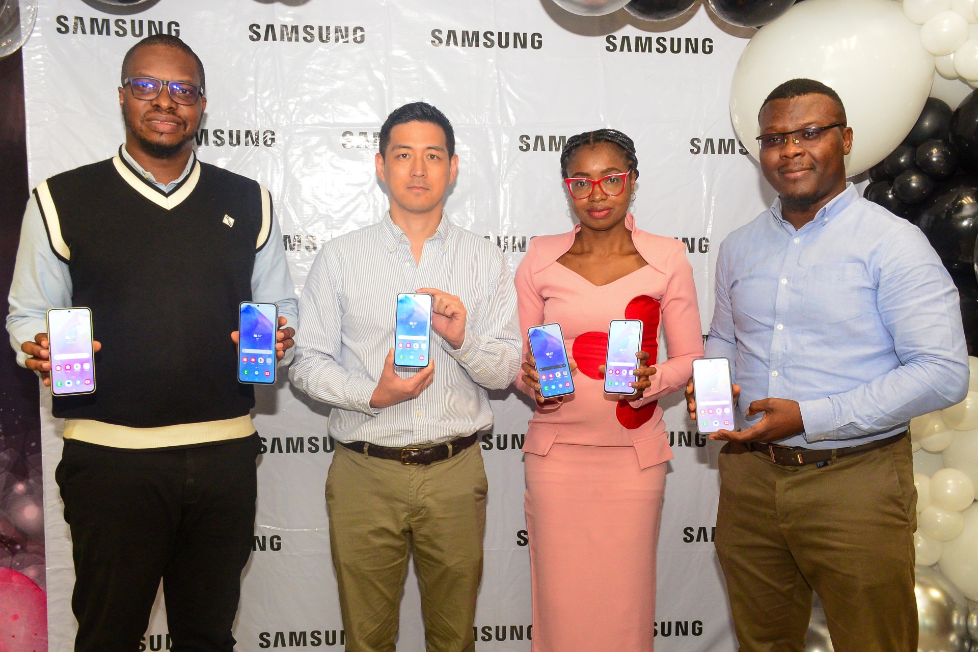 L-r: Steven Okwara, Product Manager, Mobile Experience (MX) Division; Nathan Lee, Business Manager, (MX Division); Joy Tim-Ayoola, Head of Group, MX Division, and Michael Chigozie Nwughala, Digital Manager Samsung, during the unveiling of Samsung A55 5G and A35 5G in Nigeria.