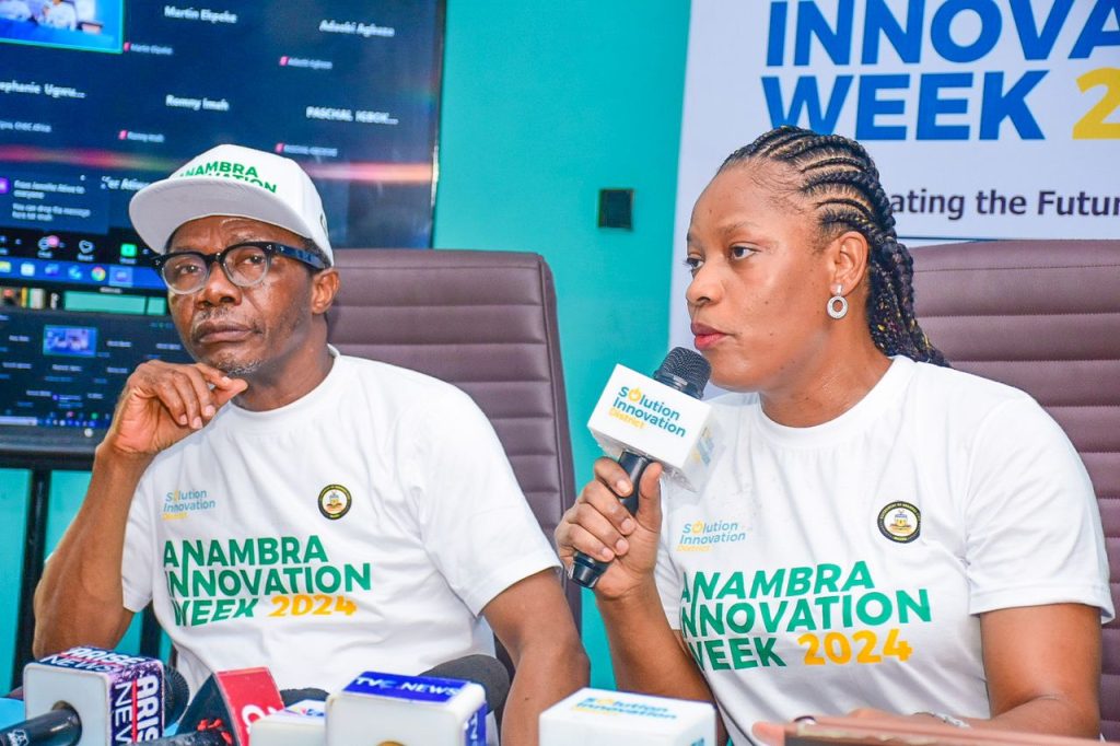 R-l: Chinwe Okoli, Special Adviser to Anambra State Governor on Innovation and Business Incubation, and Dr. Law Mefor, the State Commissioner for Information, during a press conference to announce Anambra Innovation Week 2024.
