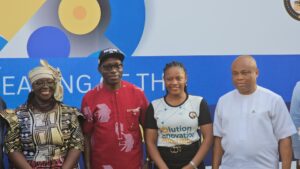 L-r: Ms. Elsie G Attafuah, United Nations Development Programme Resident Representative in Nigeria; Professor Charles Chukwuma Soludo,CFR; Chinwe Okoli, Special Adviser to Governor Soludo on Innovation and Business Incubation, and Christian Udechukwu, Commissioner for Industry, Anambra State, at the foundation laying ceremony for Anambra Innovation Marketplace.