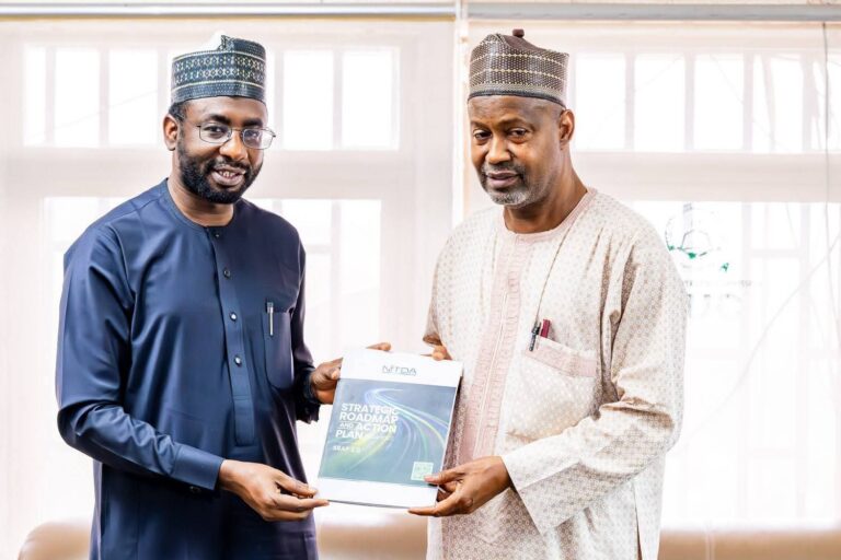 DG NITDA Kashifu Inuwa CCIE and Executive Secretary National Universities Commission, Professor Abdullahi Yusufu Ribadu, during the visit at the NUC Headquarters in Abuja on Thursday.