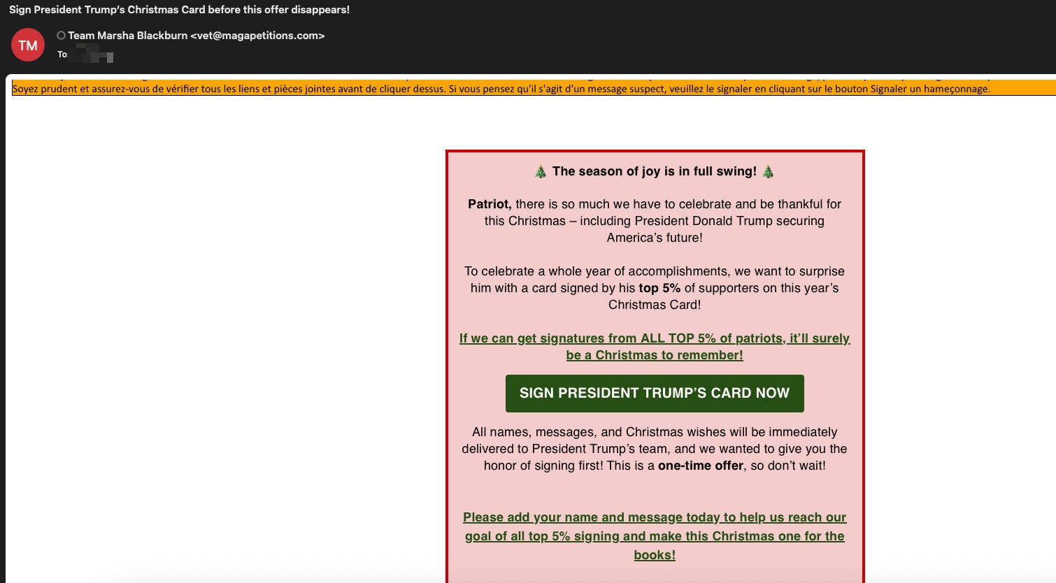 From Fake Deals to Phishing: The Most Effective Festive Season Scams of 2025 5 Politics- based lure using patriotic messaging to solicit engagement. Email example show urgency used as a scam tactic