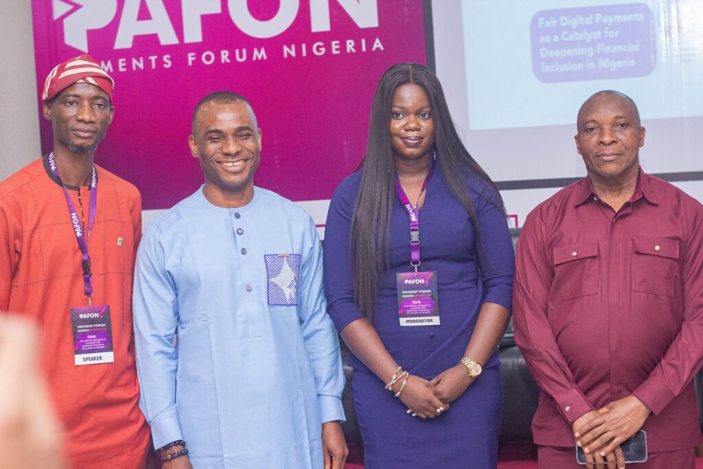 L-r: Alhaji Adeyemo Yusuf, national vice president, AMMBAN; Mr. Chika Nwosu, managing director, PalmPay Nigeria; Ms. Unwana Enang, product manager, Moniepoint Group, and Chike Onwuegbuchi, chairman of NITRA, at PAFON 3.0