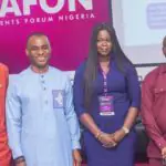 L-r: Alhaji Adeyemo Yusuf, national vice president, AMMBAN; Mr. Chika Nwosu, managing director, PalmPay Nigeria; Ms. Unwana Enang, product manager, Moniepoint Group, and Chike Onwuegbuchi, chairman of NITRA, at PAFON 3.0