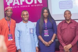 L-r: Alhaji Adeyemo Yusuf, national vice president, AMMBAN; Mr. Chika Nwosu, managing director, PalmPay Nigeria; Ms. Unwana Enang, product manager, Moniepoint Group, and Chike Onwuegbuchi, chairman of NITRA, at PAFON 3.0