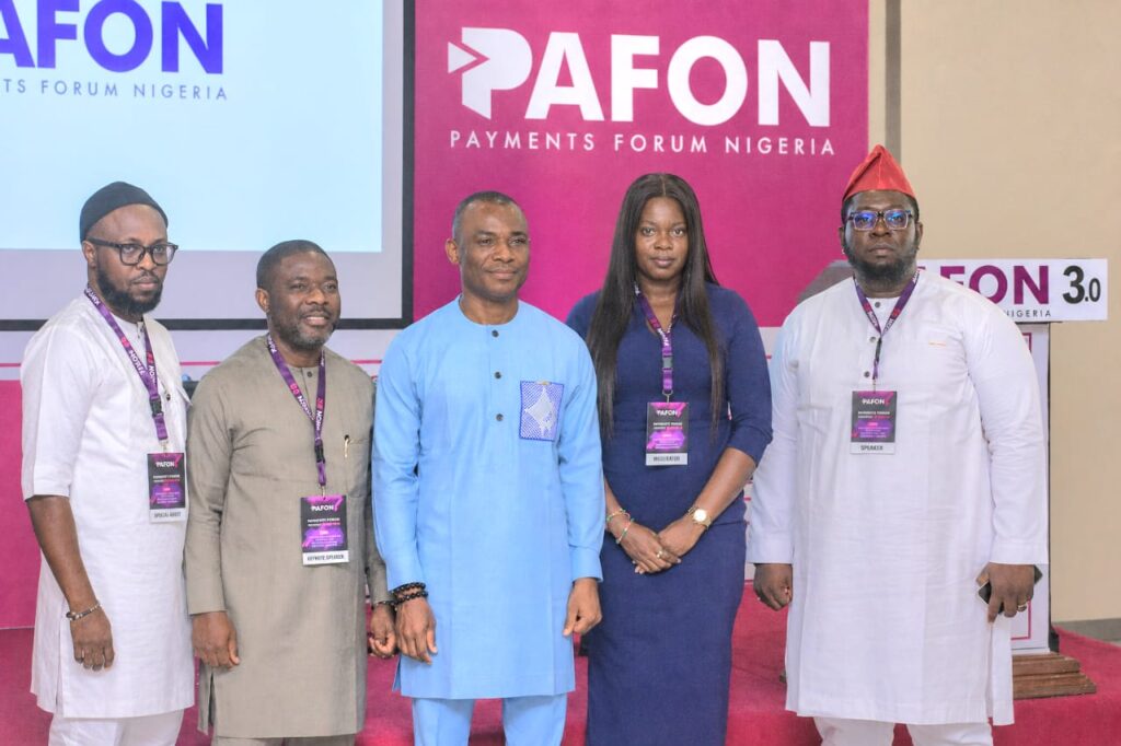 L-r: Ihechukwu Ibeji, chief marketing communications and product development officer, representing Uche Uzoebo, MD/CEO of SANEF; Prof. Obadare Peter Adewale, chief visionary officer, Digital Encode Limited/Keynote Speaker; Chika Nwosu, MD, PalmPay; Unwana Enang, product manager, Moniepoint Group and David Ijaola of TeamApt, during Payments Forum Nigeria (PAFON 3.0) held in Lagos, recently.