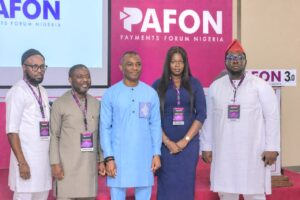 L-r: Ihechukwu Ibeji, chief marketing communications and product development officer, representing Uche Uzoebo, MD/CEO of SANEF; Prof. Obadare Peter Adewale, chief visionary officer, Digital Encode Limited/Keynote Speaker; Chika Nwosu, MD, PalmPay; Unwana Enang, product manager, Moniepoint Group and David Ijaola of TeamApt, during Payments Forum Nigeria (PAFON 3.0) held in Lagos, recently.