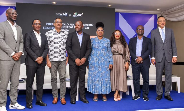 Photo Caption: HAKEEM ADENIJI-ADELE, Deputy Managing Director, eTranzact Int’l PLC; BLESSING EHIZE, Chief Technology Officer at First City Monument Bank (FCMB); DR. KRISH RANGANATH, Chief Executive Officer, UniCloud Africa; PETER OLUKA, Founder/Editor In-Chief, Techeconomy; ROSELINE ILORI, Founder & CEO of Bridge57 Solutions Limited; ELSIE GODWIN, Co-founder/COO, Cashwise Finance; ADESOLA AKINSANYA, President, Nigeria Internet Registration Association (NiRA), and DR. AYOTUNDE COKER, CEO, Open Access Data Centre (OADC), during GrowthX by Techeconomy, held in Lagos, recently.